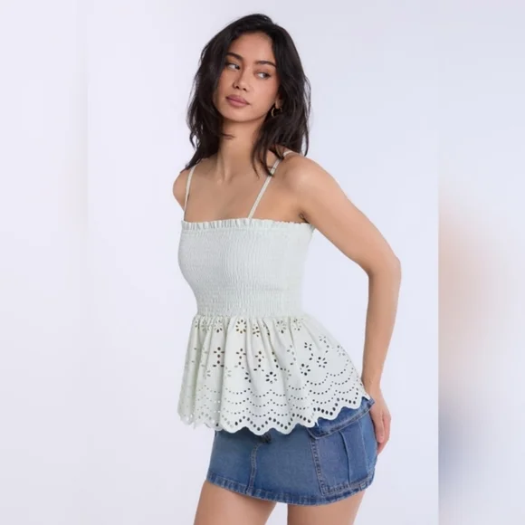 American Eagle Tank Top Shirt Lace Smocked Eyelet Babydoll Charcoal Women's XL - Picture 16 of 16